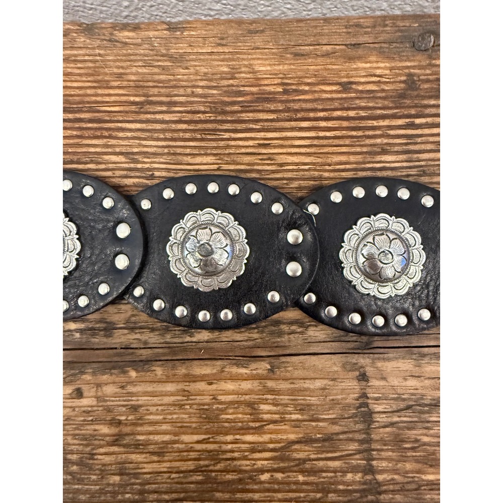 Vintage Fossil Womens Black Silver Western Concho Belt Genuine Leather Boho Med - Picture 3 of 8